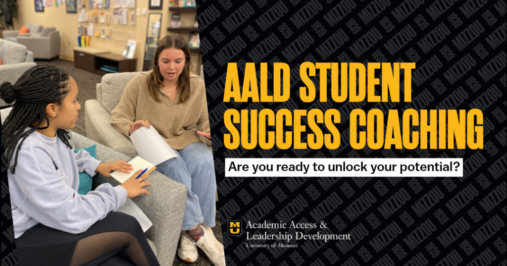 two female students sitting together and text "AALD Student Success Coaching: are you ready to unlock your potential?"