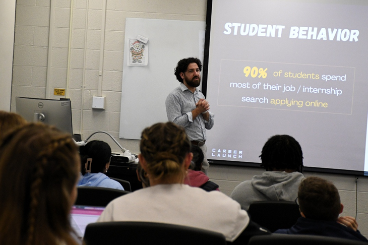 AALD student success coach Tristian Kalanges presenting to students in classroom